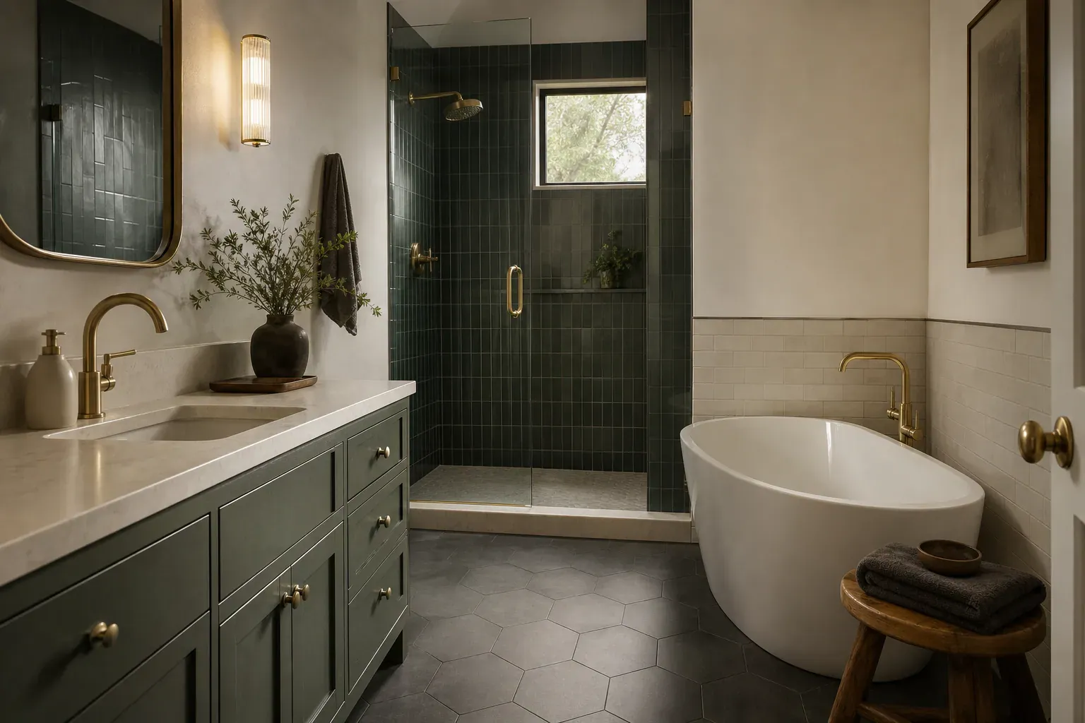 Bathroom remodel in Castle Hills Tx — clean unbroken lines of completed work running toward a commercial suite window