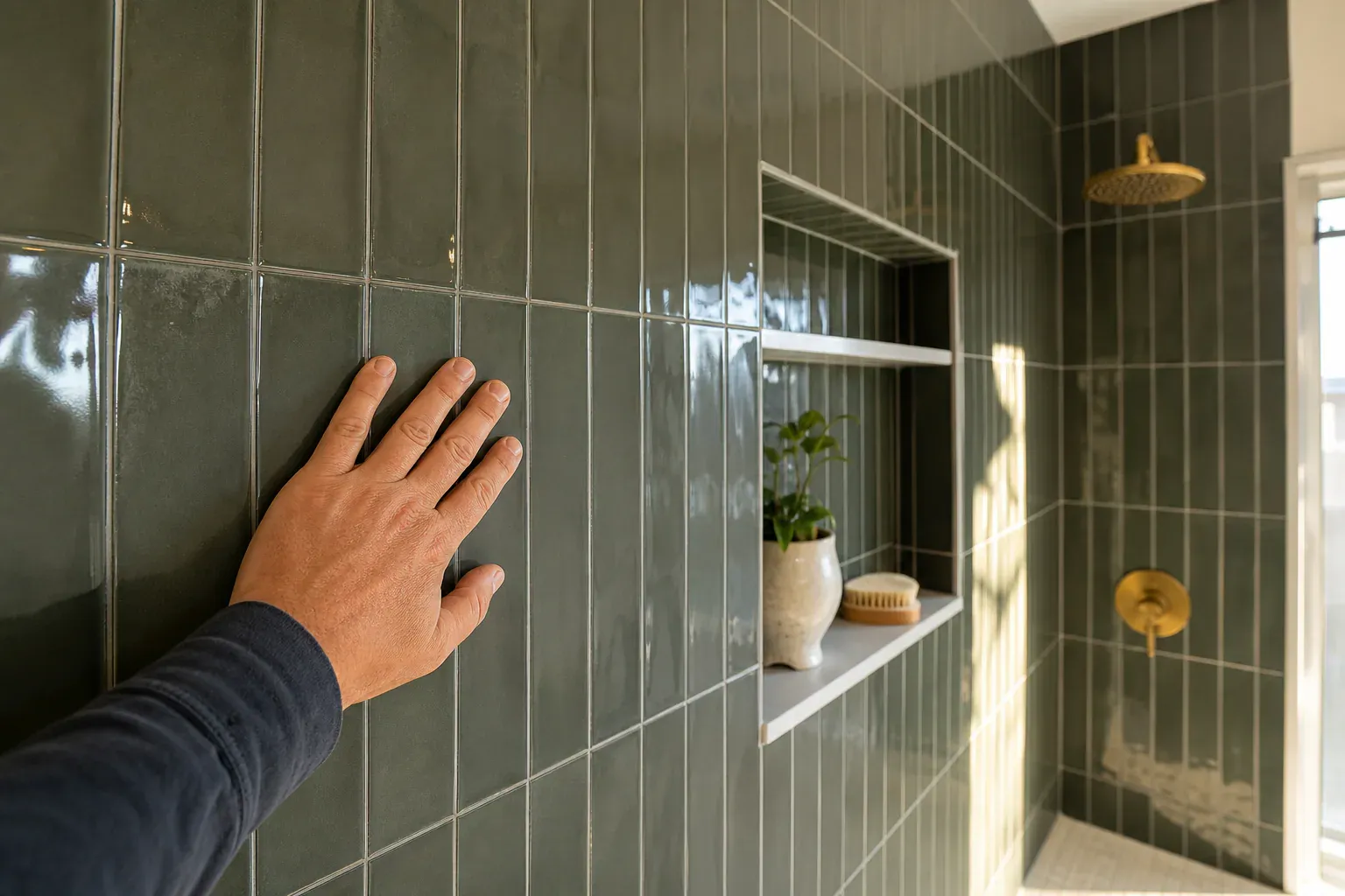 Bathroom remodel in Selma Tx — a hand held flat against newly completed work to show how well it matches