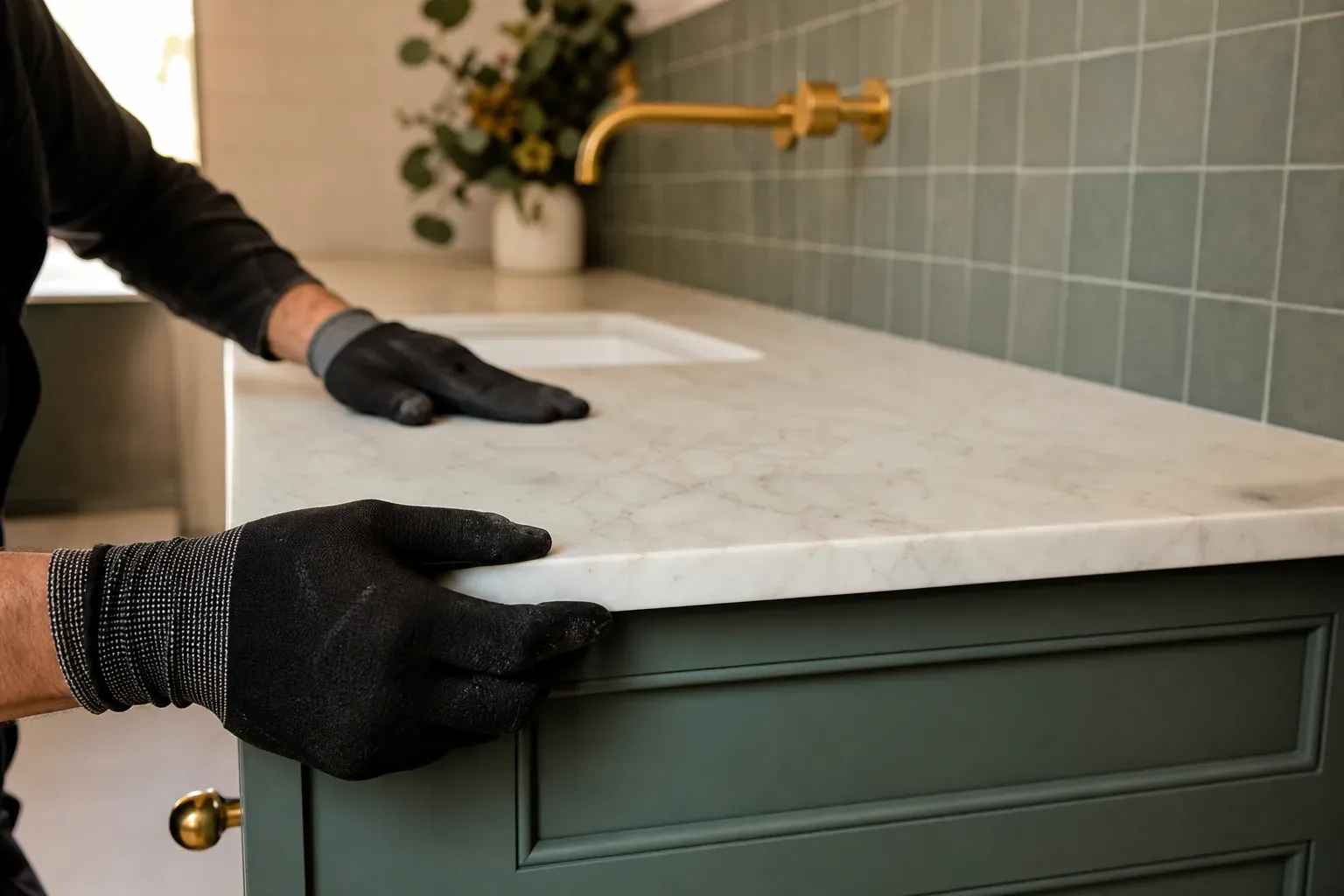 Bathroom remodel in Terrell Hills Tx — gloved hands easing along a crisp finished edge