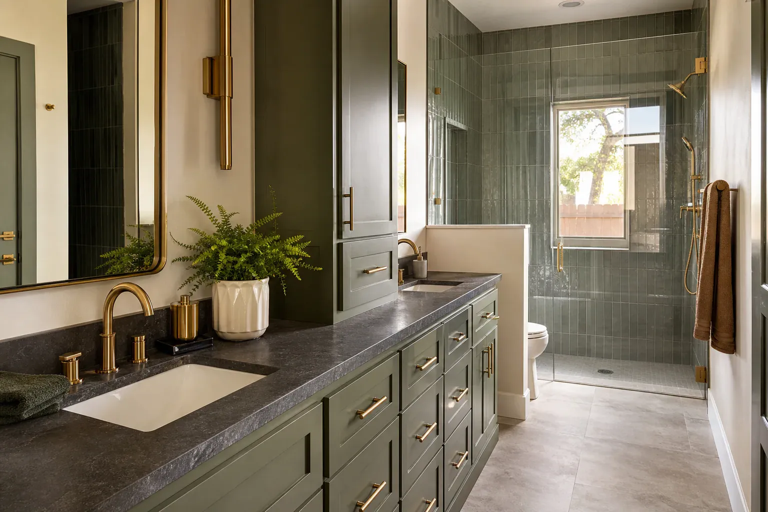 Bathroom remodel in Windcrest Tx — clean unbroken lines of completed work running toward a commercial suite window